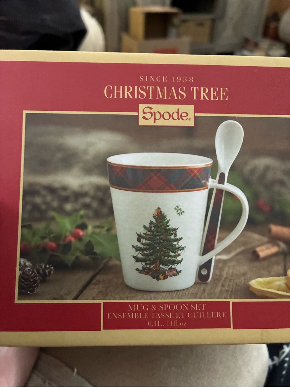 Spode Boxed Mug And Spoon Set. Christmas Tree. Tartan Plaid Accents